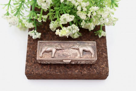 Caixa de comprimidos em prata com motivos animais e vegetalistas relevados